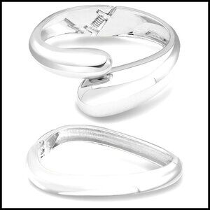 Golden Cuff Bangle Bracelet Set Minimalist Chunky Twisted Hinge Open Oval Wrist